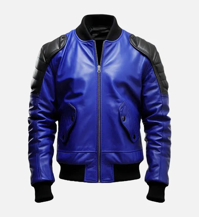 Men’s Blue & Black Sheepskin Bomber Leather Jacket with Quilted Shoulders