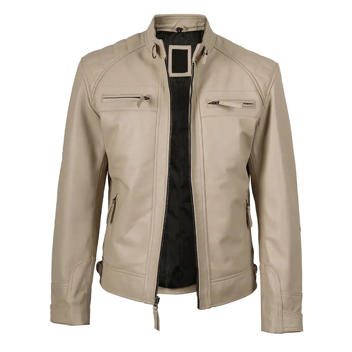 Men’s Beige Real Leather Cafe Racer Jacket – Quilted Shoulder Design | TLJ