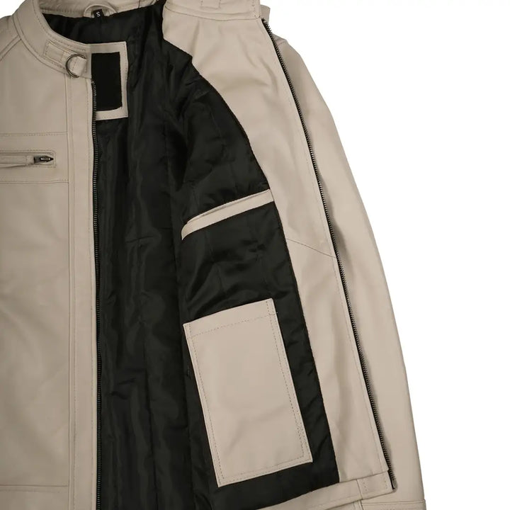Men’s Beige Real Leather Cafe Racer Jacket – Quilted Shoulder Design | TLJ
