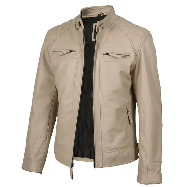 Men’s Beige Real Leather Cafe Racer Jacket – Quilted Shoulder Design | TLJ