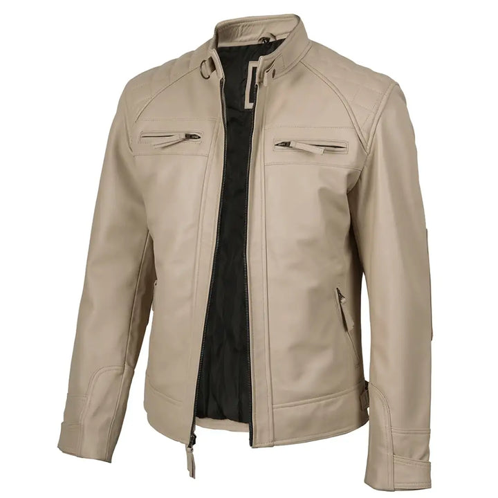 Men’s Beige Real Leather Cafe Racer Jacket – Quilted Shoulder Design | TLJ