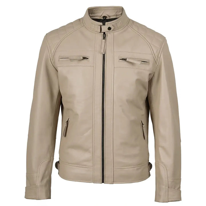 Men’s Beige Real Leather Cafe Racer Jacket – Quilted Shoulder Design | TLJ