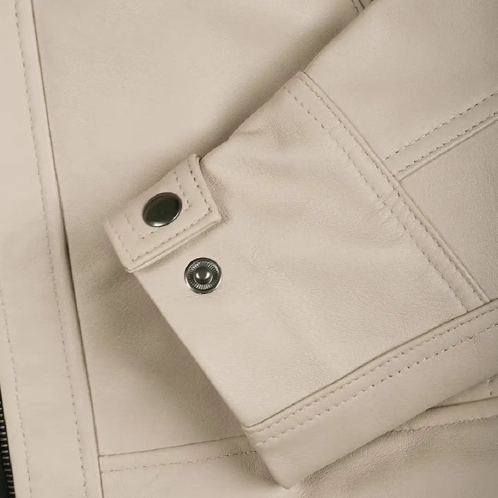 Men’s Beige Real Leather Cafe Racer Jacket – Quilted Shoulder Design | TLJ