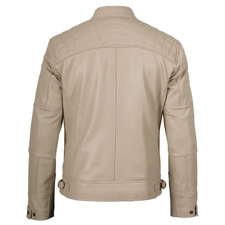Men’s Beige Real Leather Cafe Racer Jacket – Quilted Shoulder Design | TLJ