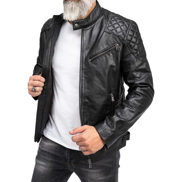 Men’s Black Cafe Racer Leather Jacket – Padded Design, Premium Lambskin | TLJ