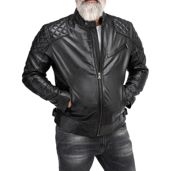 Men’s Black Cafe Racer Leather Jacket – Padded Design, Premium Lambskin | TLJ