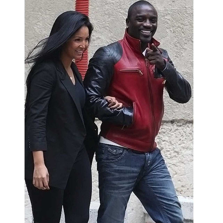 Akon-inspired black and red leather jacket front view with zipper closure