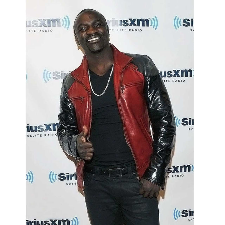 Akon-inspired black and red leather jacket front view with zipper closure