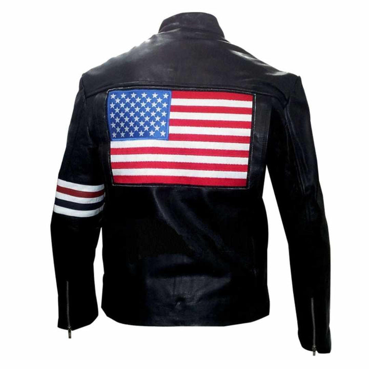 Captain America Easy Rider black leather jacket front view with YKK zipper