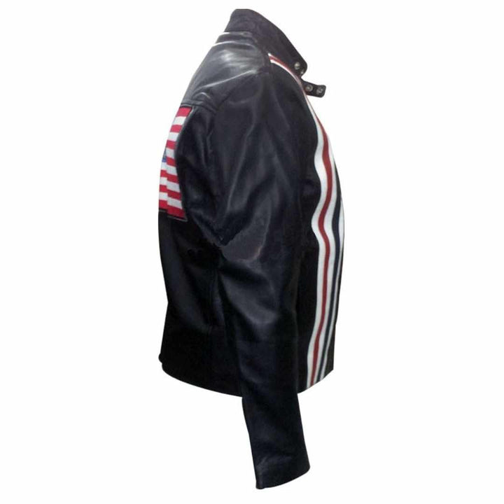 Captain America Easy Rider black leather jacket front view with YKK zipper