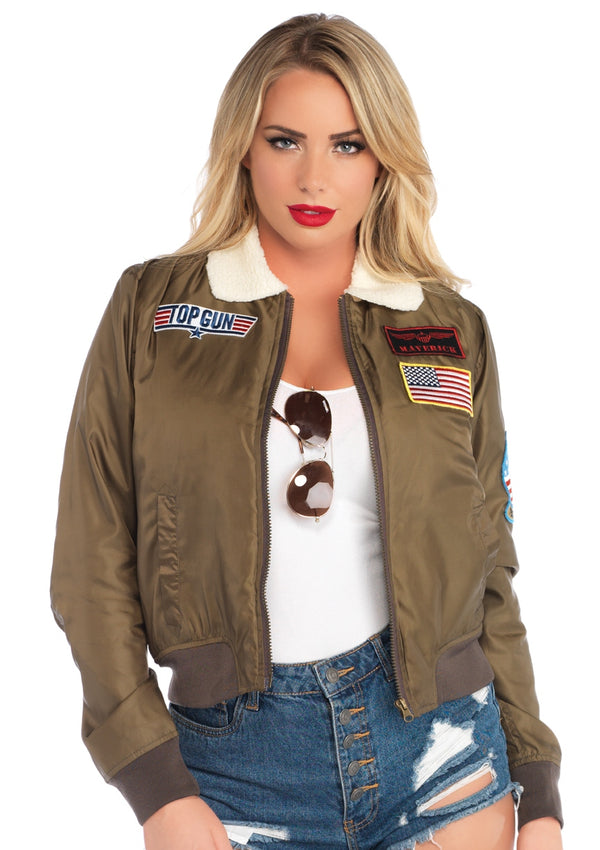 Women Top Gun Licensed Bomber Jacket by TLJ in brown satin with flight patches and zipper front
