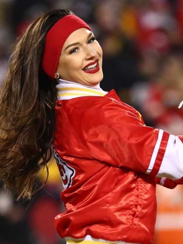 Kansas City Chiefs Cheerleaders red varsity jacket front button closure and logo patches