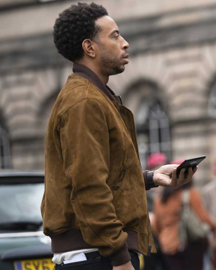 F9 The Fast Saga Tej Parker Brown Suede Jacket Front View TLJ