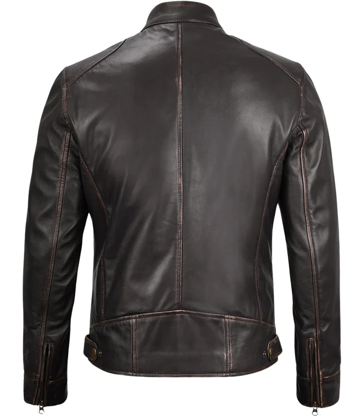 Men’s Distressed Brown Cafe Racer Leather Jacket | Premium Lambskin Biker Jacket

