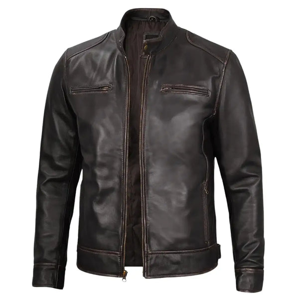 Men’s Distressed Brown Cafe Racer Leather Jacket | Premium Lambskin Biker Jacket
