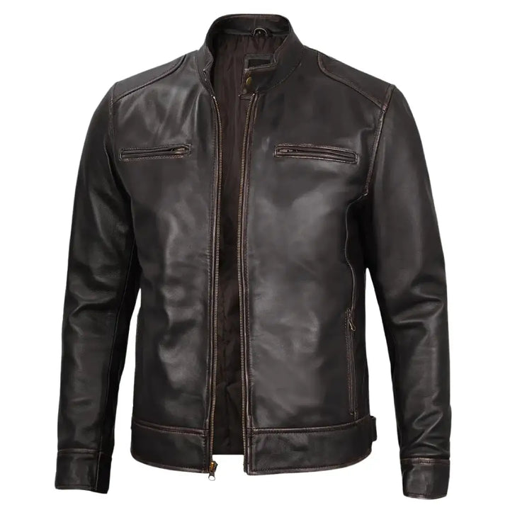 Men’s Distressed Brown Cafe Racer Leather Jacket | Premium Lambskin Biker Jacket
