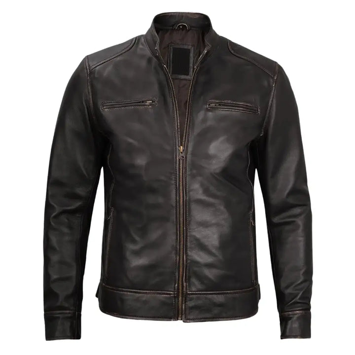 Men’s Distressed Brown Cafe Racer Leather Jacket | Premium Lambskin Biker Jacket
