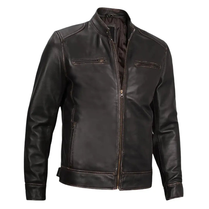 Men’s Distressed Brown Cafe Racer Leather Jacket | Premium Lambskin Biker Jacket
