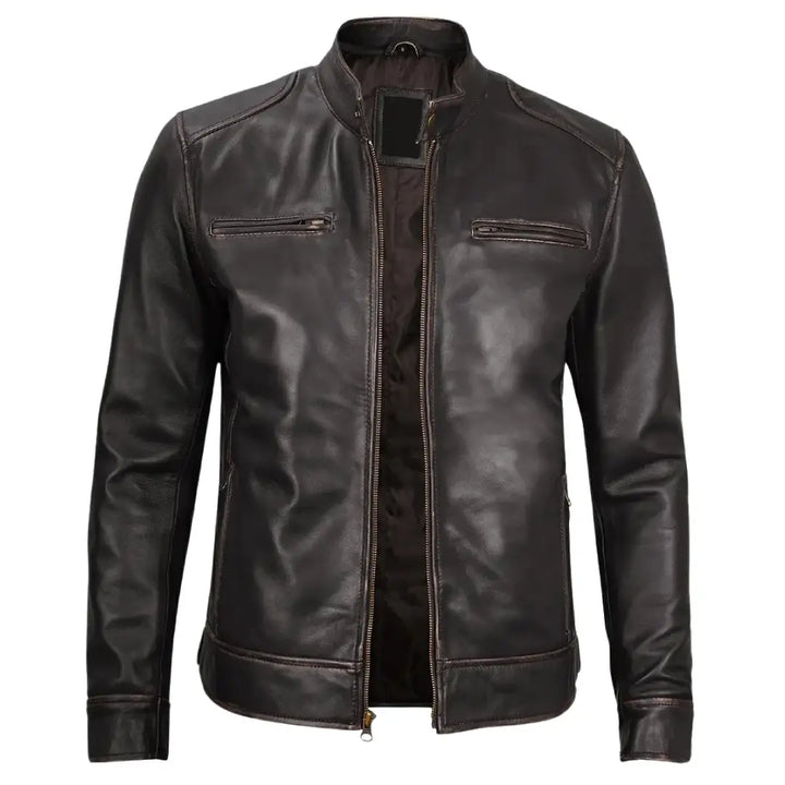 Men’s Distressed Brown Cafe Racer Leather Jacket | Premium Lambskin Biker Jacket
