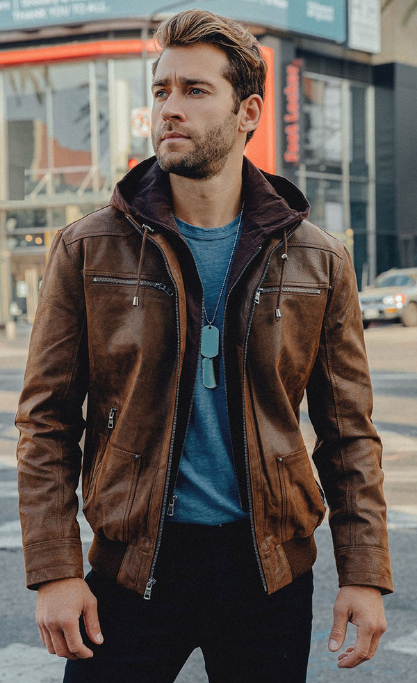 Men’s Genuine Leather Jacket with Removable Hood | Brown & Black TLJ Jacket