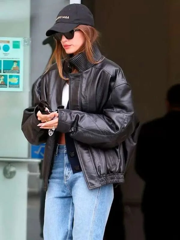 Hailey Bieber Inspired Street Style Black Leather Jacket