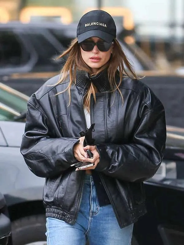 Hailey Bieber Inspired Street Style Black Leather Jacket