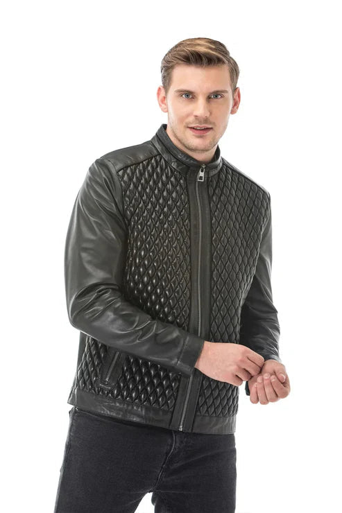 Men’s Quilted Distressed Leather Jacket with Shirt Collar