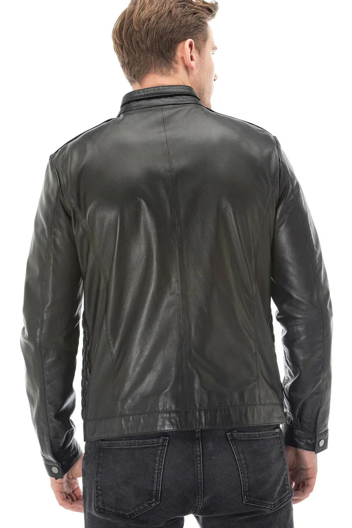 Men’s Quilted Distressed Leather Jacket with Shirt Collar