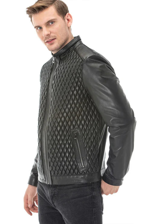 Men’s Quilted Distressed Leather Jacket with Shirt Collar
