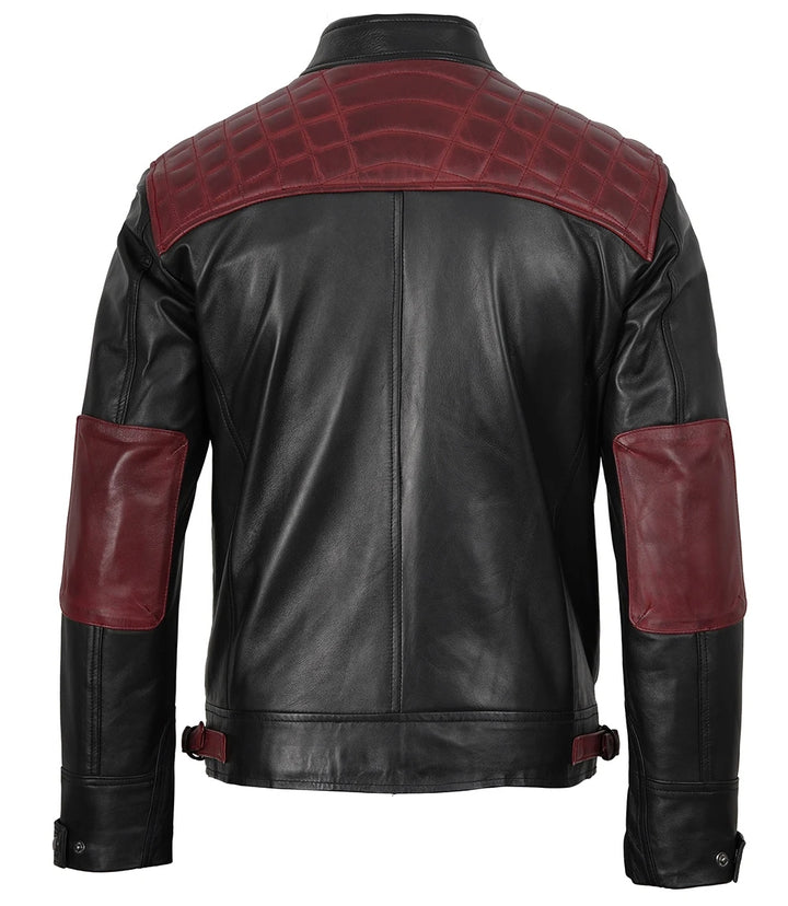 Lambskin leather biker jacket in maroon and black