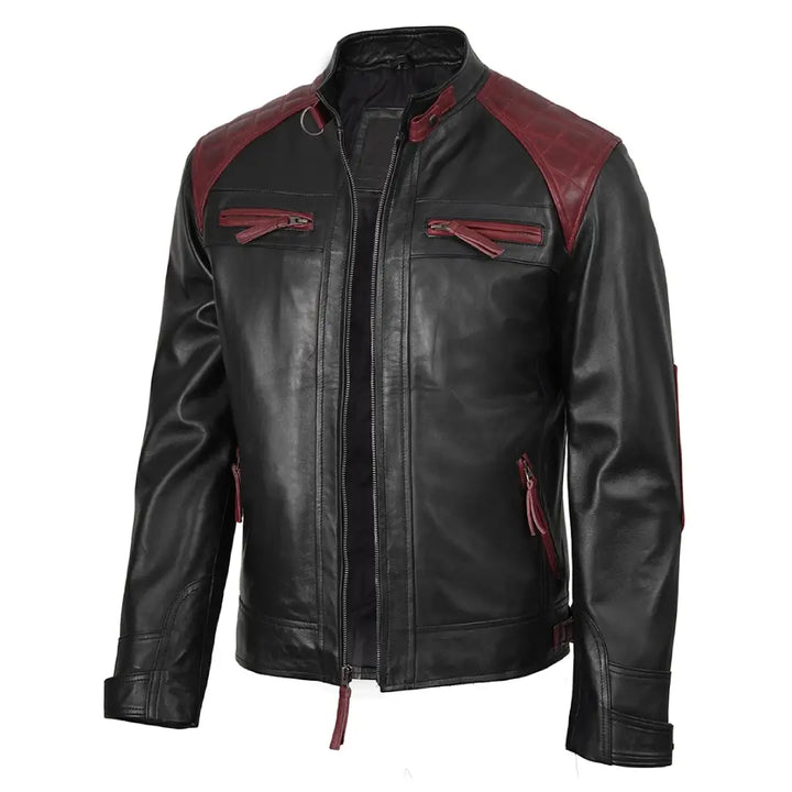 Lambskin leather biker jacket in maroon and black