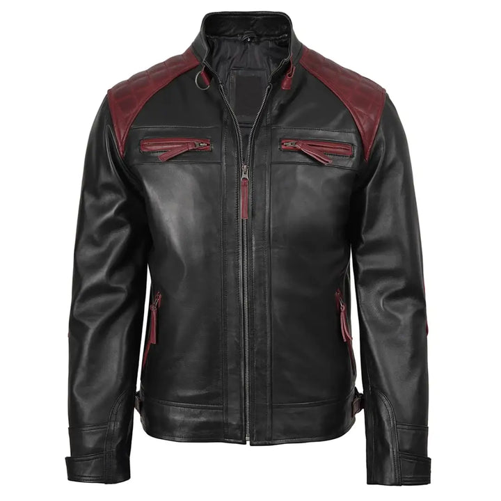 Lambskin leather biker jacket in maroon and black
