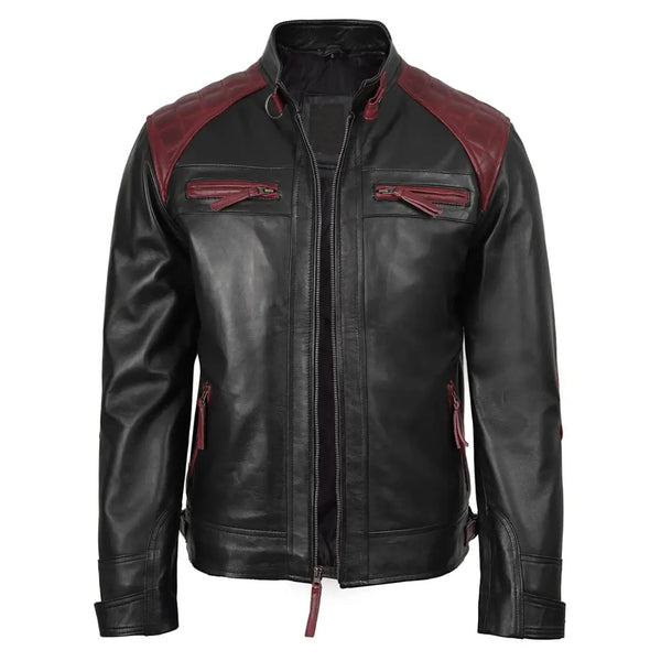 Lambskin leather biker jacket in maroon and black