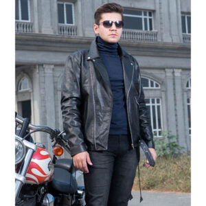 Black Leather Biker Jacket with Lapel Collar