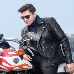 Black Leather Biker Jacket with Lapel Collar