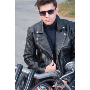 Black Leather Biker Jacket with Lapel Collar