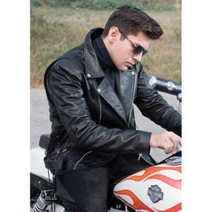 Black Leather Biker Jacket with Lapel Collar