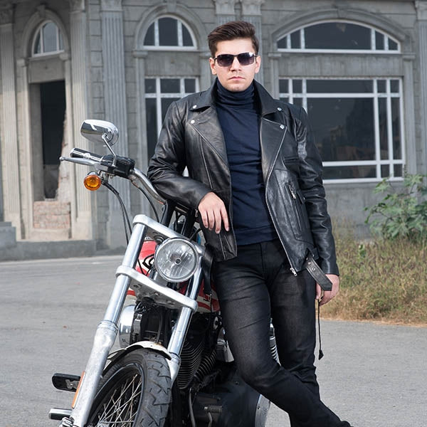 Black Leather Biker Jacket with Lapel Collar