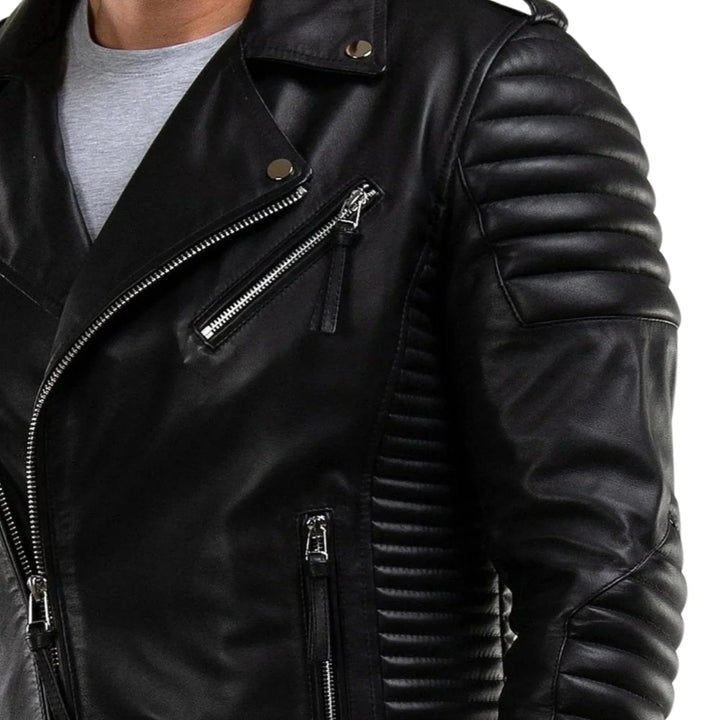 Men’s Black Quilted Lambskin Leather Motorcycle Jacket – Biker Style