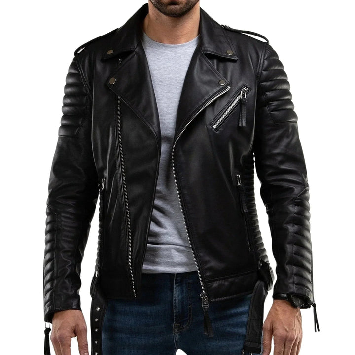 Men’s Black Quilted Lambskin Leather Motorcycle Jacket – Biker Style