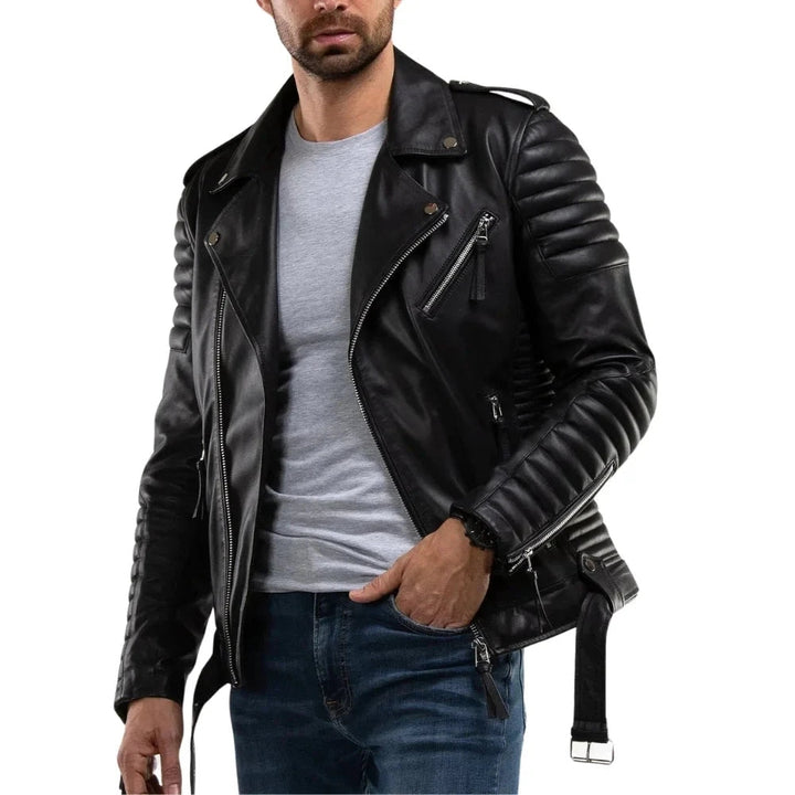 Men’s Black Quilted Lambskin Leather Motorcycle Jacket – Biker Style