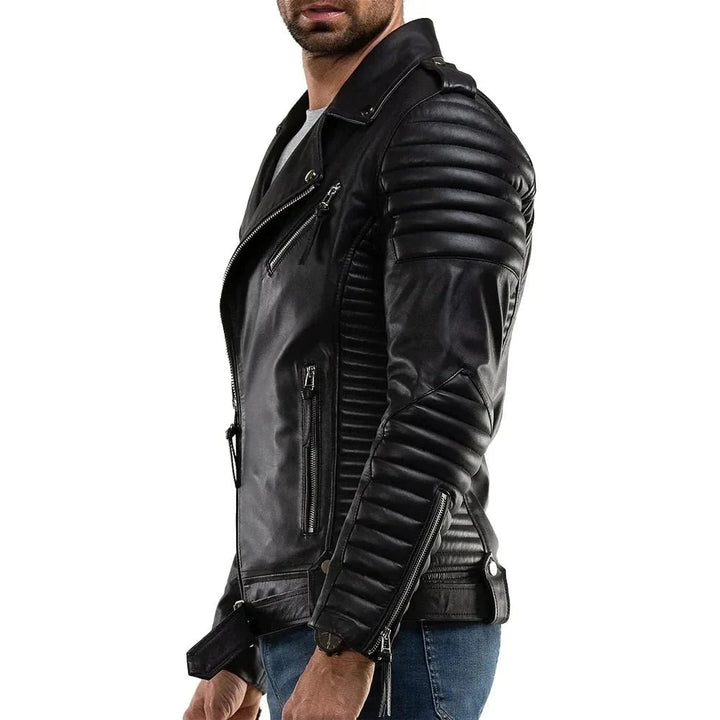 Men’s Black Quilted Lambskin Leather Motorcycle Jacket – Biker Style
