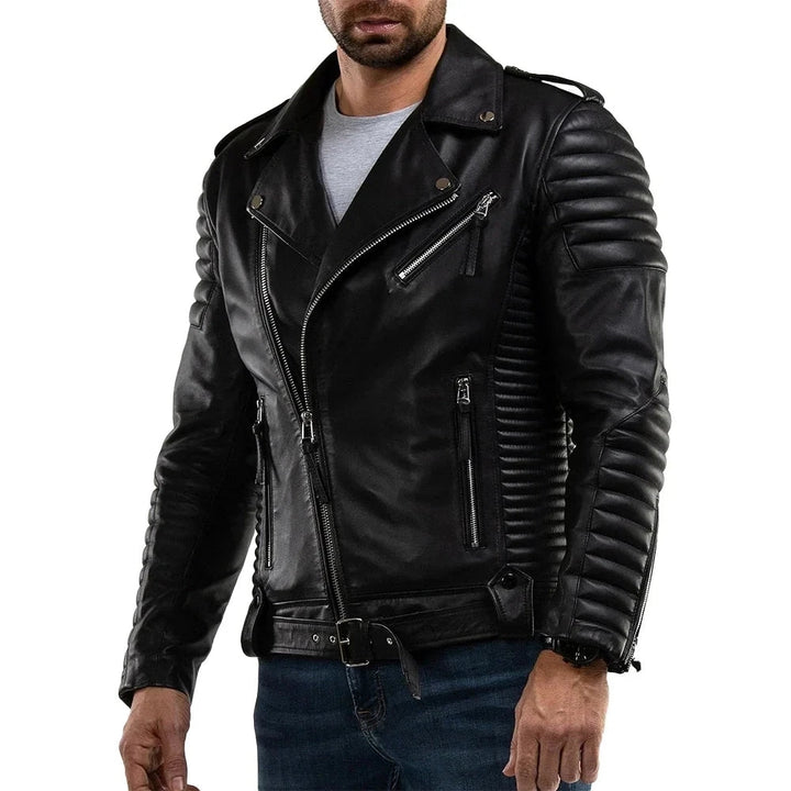 Men’s Black Quilted Lambskin Leather Motorcycle Jacket – Biker Style
