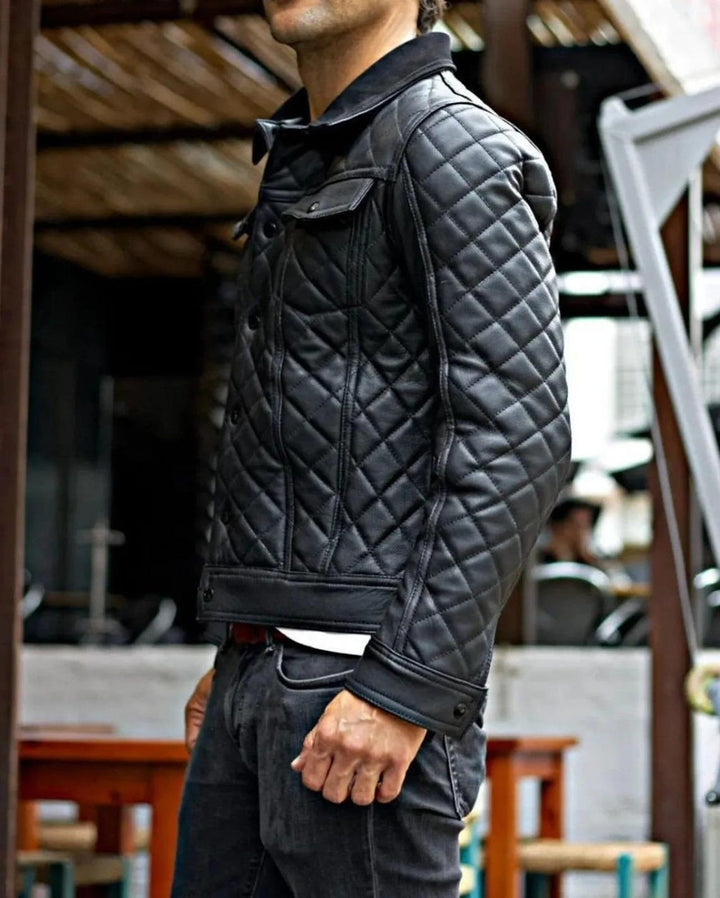 Handmade men’s black leather biker jacket with quilted café racer design and YKK zippers