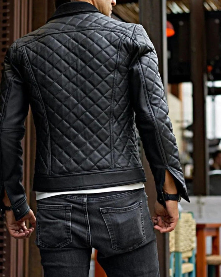 Handmade men’s black leather biker jacket with quilted café racer design and YKK zippers