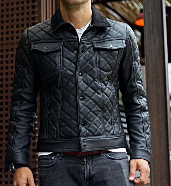 Handmade men’s black leather biker jacket with quilted café racer design and YKK zippers
