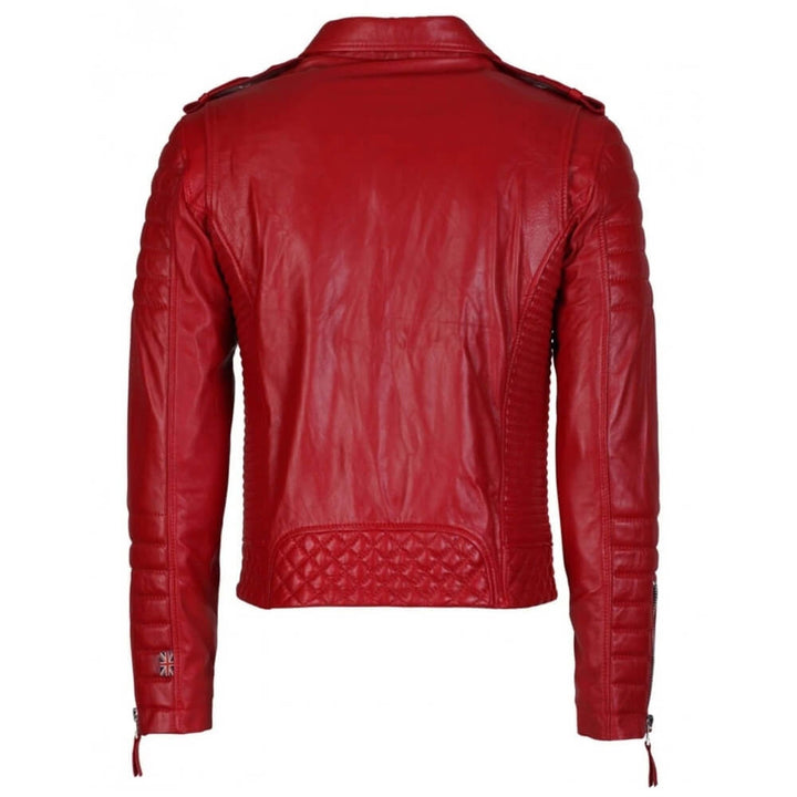 Men’s red quilted leather biker jacket with diamond stitching and broad collar