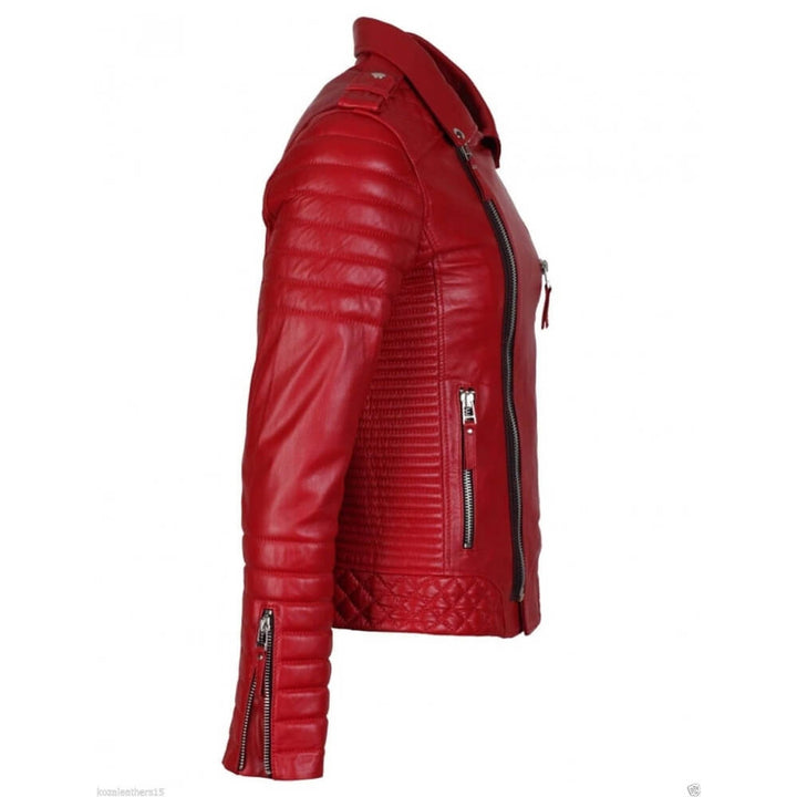 Men’s red quilted leather biker jacket with diamond stitching and broad collar