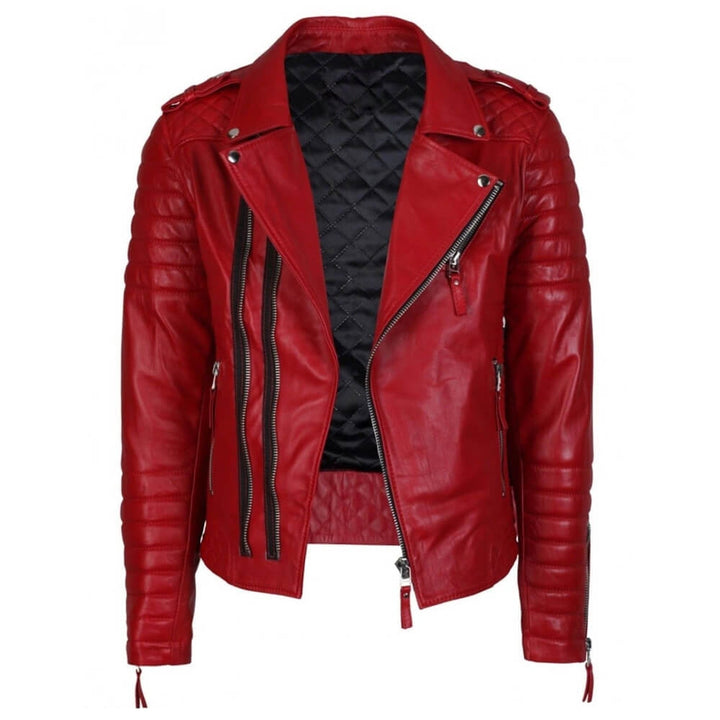 Men’s red quilted leather biker jacket with diamond stitching and broad collar