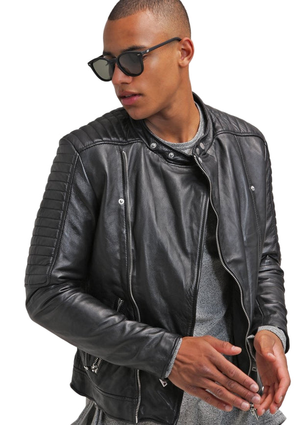 Men’s black quilted cowhide leather biker jacket with collar and zip closure